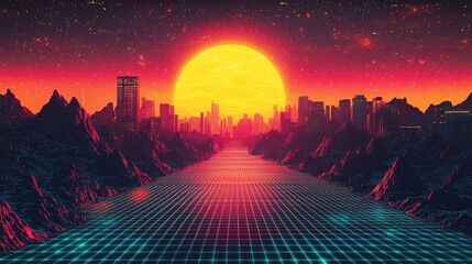 Poster - Retro futuristic cityscape with a large sun and mountains in the background.