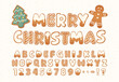 © Viktoria - Christmas gingerbread cookies hand drawn alphabet with uppercase letters, numbers and punctuation. Display New Year font decorated with icing. Winter holiday typography symbols. Vector illustration.