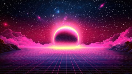 Poster - Retro futuristic sunset with grid and clouds.