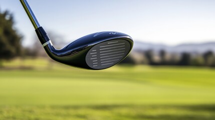 Poster - A golf club's driver head with focus on the face angle, outdoor setting under clear skies, Modern style