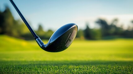 Poster - A golf club's driver head with focus on the face angle, outdoor setting under clear skies, Modern style