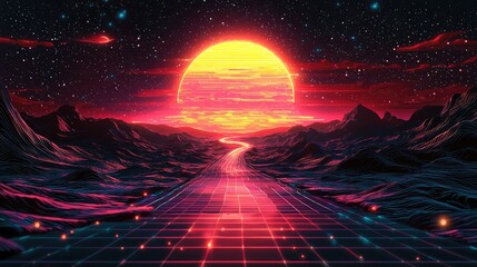 Poster - Retro sunset landscape with a glowing road leading to a bright sun in the horizon.