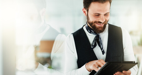 Fototapete - Creative, smile and tablet with business man in glass office as artistic publication designer. Development, editing and tech with happy illustrator in professional workplace for online graphic design