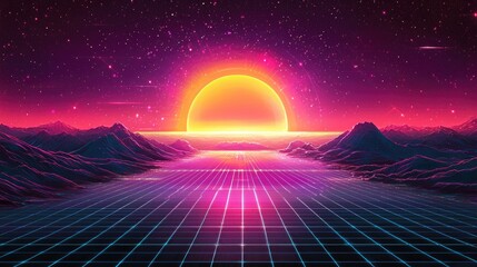 Poster - Retro sunset over a grid landscape.