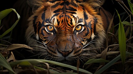 Canvas Print - A close-up portrait of a tiger's face, peering out from a patch of tall grass. Its golden eyes gleam with intensity, and its striped fur is visible in the shadowy background.