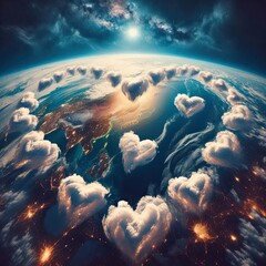 Wall Mural - A beautiful bird’s-eye view of the Earth surrounded by heart-shaped clouds