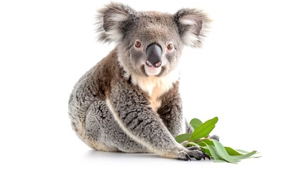 Wall Mural - A cute koala sitting on a white background, holding a sprig of eucalyptus leaves.