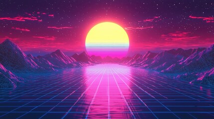 Poster - Retro sunset over a grid landscape.