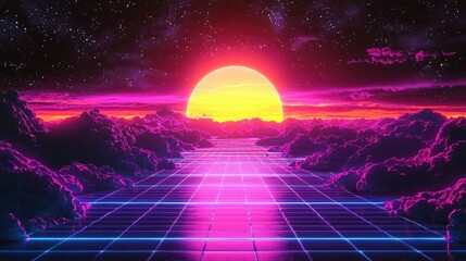 Poster - Retro sunset over glowing grid.