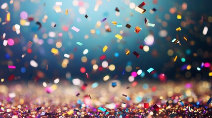 Wall Mural - falling glittering confetti overlay background with sparkling gold and silver particles, perfect for