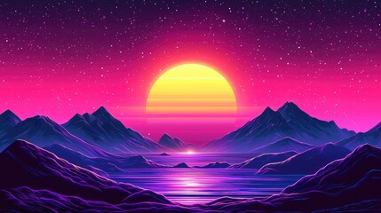 Poster - Retro sunset over mountains with stars.