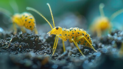 Wall Mural - A close-up shot of a yellow springtail with blue spots on its body, standing on the soil.