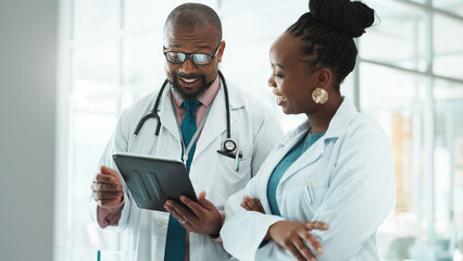 Poster - Black people, doctors and happy on discussion with tablet at clinic for telehealth, schedule and appointment. Hospital, employees and healthcare team on meeting for patient data, results and report