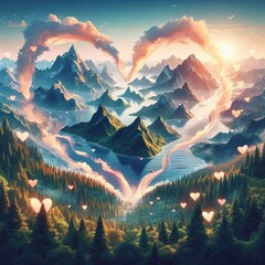 Wall Mural - A dreamy landscape of mountains, oceans, and forests intertwined with heart shapes