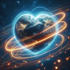 Wall Mural - A floating heart-shaped Earth surrounded by glowing trails of light