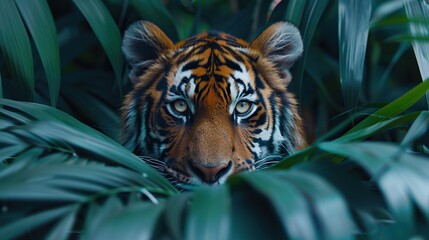 Poster - A tiger with piercing yellow eyes peeks out from behind lush green leaves in a jungle setting.