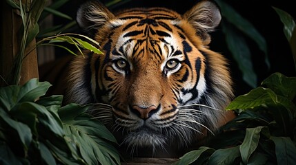 Poster - A majestic tiger with piercing blue eyes peers out from behind lush foliage.