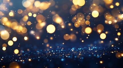 Wall Mural - festive new year and holiday celebration banner featuring abstract gold bokeh lights on a dark blue 