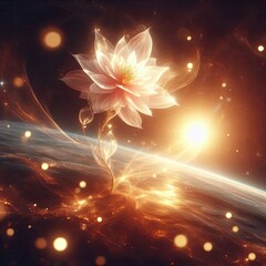 Wall Mural - A glowing flower blooming over Earth, surrounded by soft, golden light