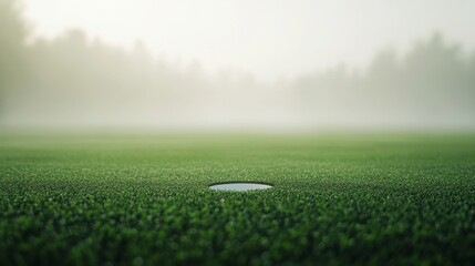 Aufkleber - A golf course's putting green cup, outdoor setting with early morning mist, Minimalist style