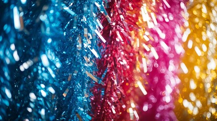 Wall Mural - festive new year and holiday background featuring vibrant multicolor lametta decorations, perfect fo