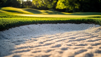 Aufkleber - A golf course's sand trap with focus on the raked sand and green edge, outdoor setting with afternoon sun, Smooth style