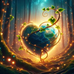 Wall Mural - A heart-shaped vine wrapping around a glowing Earth in a magical forest