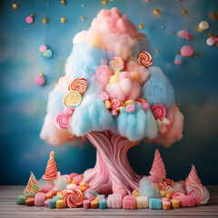 Poster - A whimsical candy tree with pastel colors and a blue background, surrounded by a variety of sweet treats.