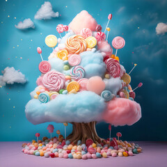 Aufkleber - A whimsical candy tree with colorful lollipops, candy swirls, and cotton candy blossoms.