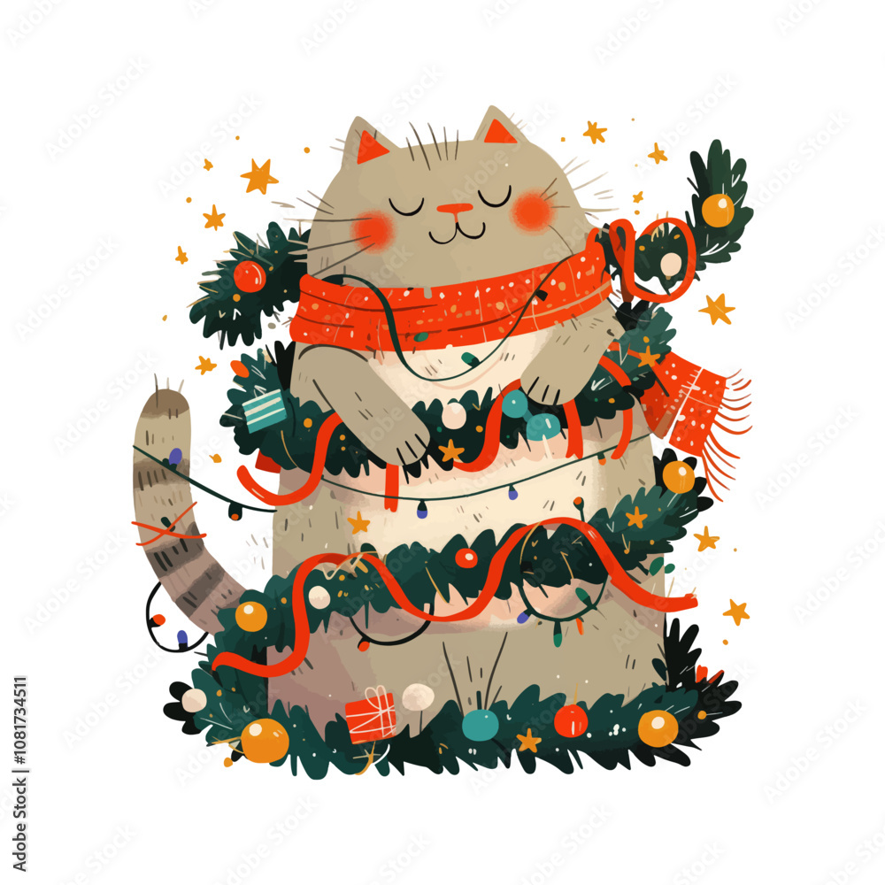 Christmas greeting card with cute cat and christmas wreath Stock Vector ...