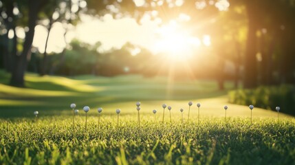 Aufkleber - A golf tee box with neatly arranged tees, outdoor setting on well-maintained fairway, Tranquil style