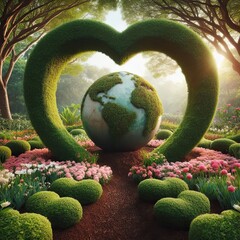 Wall Mural - A serene garden with Earth at the center, surrounded by heart-shaped bushes and flowers