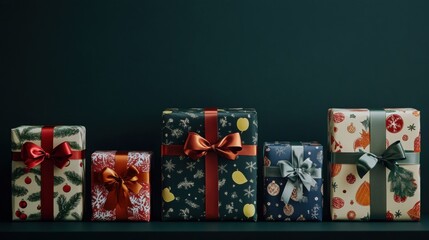 Wall Mural - Row of Christmas gift boxes with festive wrap