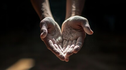 Aufkleber - A gymnast's chalked hands with focus on the chalk dust, indoor setting with focused spotlight, Artistic style