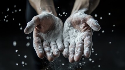 Aufkleber - A gymnast's chalked hands with focus on the chalk powder, indoor setting with focused spotlight, Artistic style