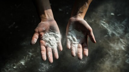 Aufkleber - A gymnast's chalked hands with focus on the chalk powder, indoor setting with focused spotlight, Artistic style