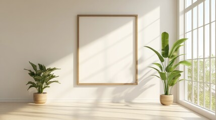 Poster - Minimalist living room with a blank wall frame and a single plant