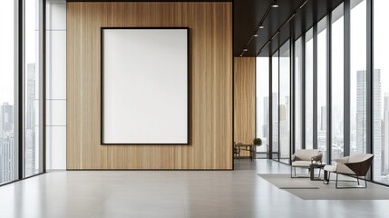 Poster - Large blank frame in a minimalist office with sleek furniture