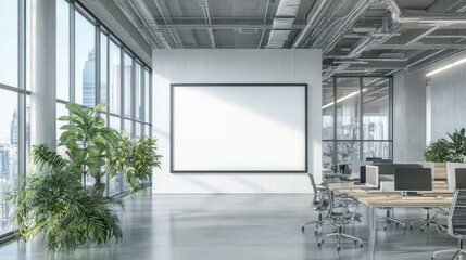 Poster - Large blank frame in a minimalist office with sleek furniture