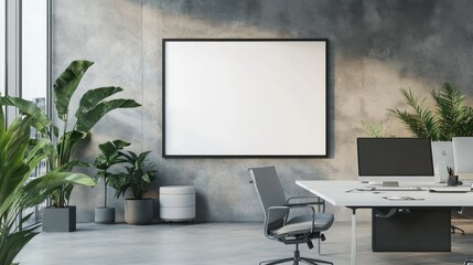 Poster - Large blank frame in a minimalist office with sleek furniture