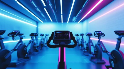 Poster - A high-tech indoor cycling studio with stationary bikes, LED screens, and dynamic lighting