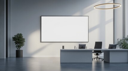 Poster - Large blank frame in a minimalist office with sleek furniture