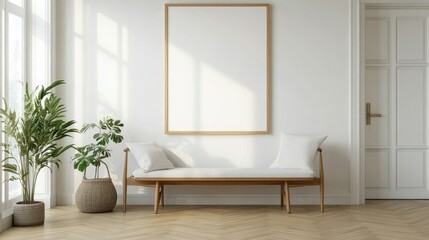 Poster - Blank wall frame above a simple bench in a Scandinavian-style room