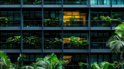 Poster - Architecture image with a modern glass building with a lot of green plants
