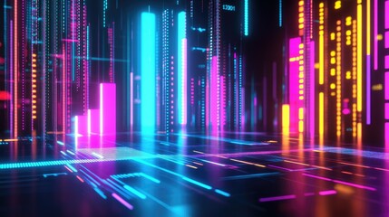 Poster - Abstract depiction of financial graphs and charts in neon colors