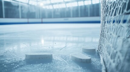 Leinwandbilder - A hockey rink with the ice surface and goal net, indoor setting with cold lighting, Clean style