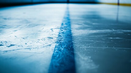 Aufkleber - A hockey rink's blue line with the ice and painted line details, indoor setting with cold lighting, Crisp style