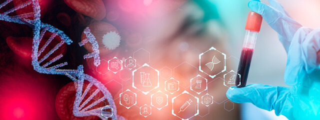 Wall Mural - doctor or scientist holding glass tube,with molecular and dna structure and red blood cells sample i
