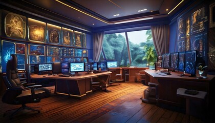Game developer room illustration with vivid colors