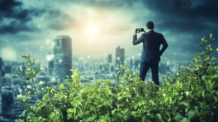 Poster - A business person analyzes key numbers to see how the company is doing and sets goals for growth. They find ways to keep the business growing by being creative and making good plans.